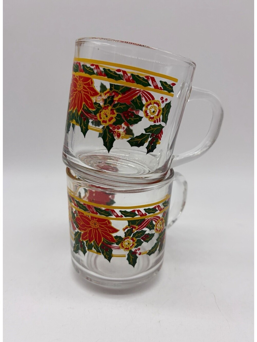 Vintage KIG Indonesia Christmas Mug Set Of 2 Clear Glass Red Poinsettia Holly